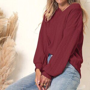 Anna Kaci NEW Red Textured V Neck Balloon Sleeve Casual Cozy Top S M L XL